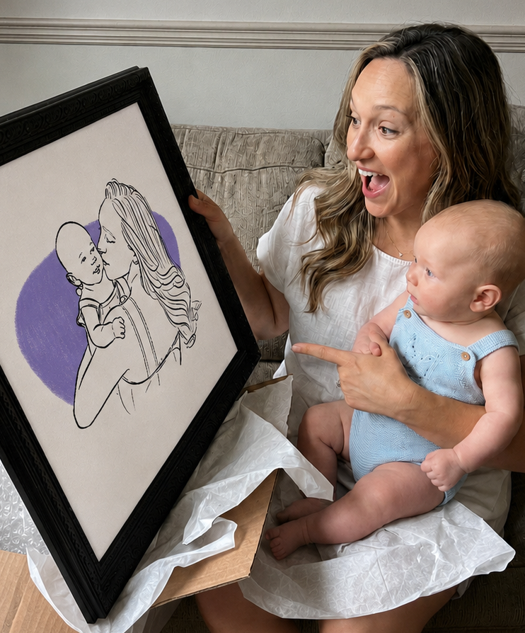 Hand-drawn line art portrait commissioned by Heather J.