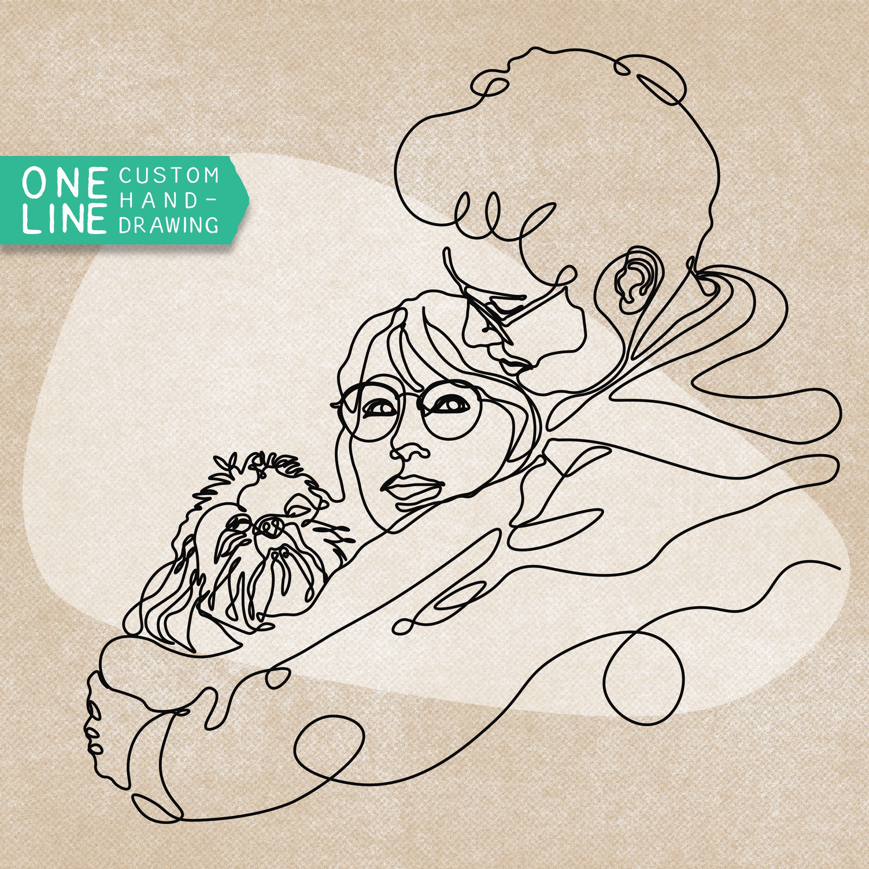 One Line continuous-line portrait of a couple with their dog, drawn without lifting the pen