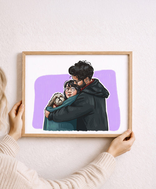 Pastel hand-painted couple portrait with their dog, framed oak print held against a pale wall