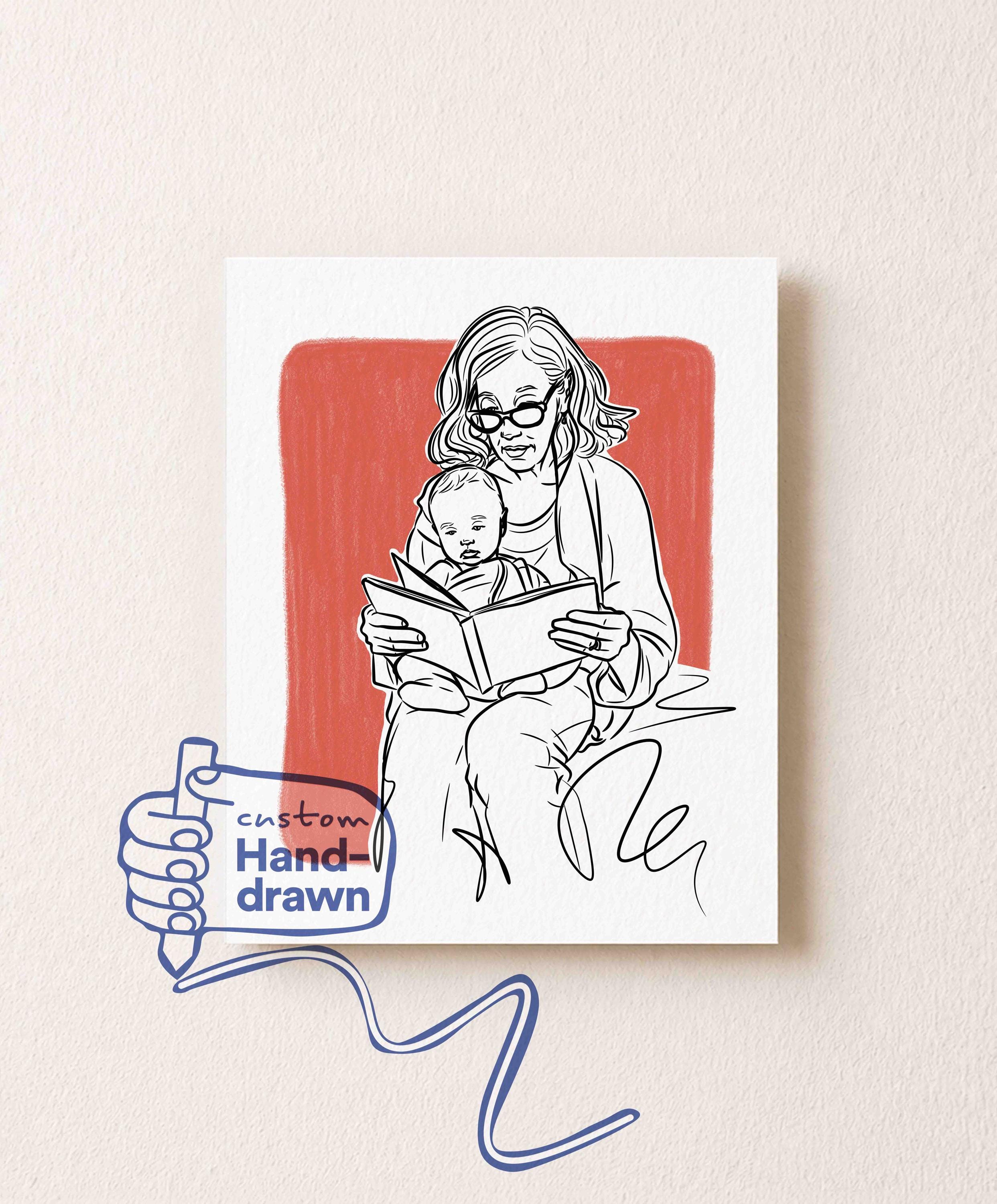 Custom Grandparents portrait example in Just Line style
