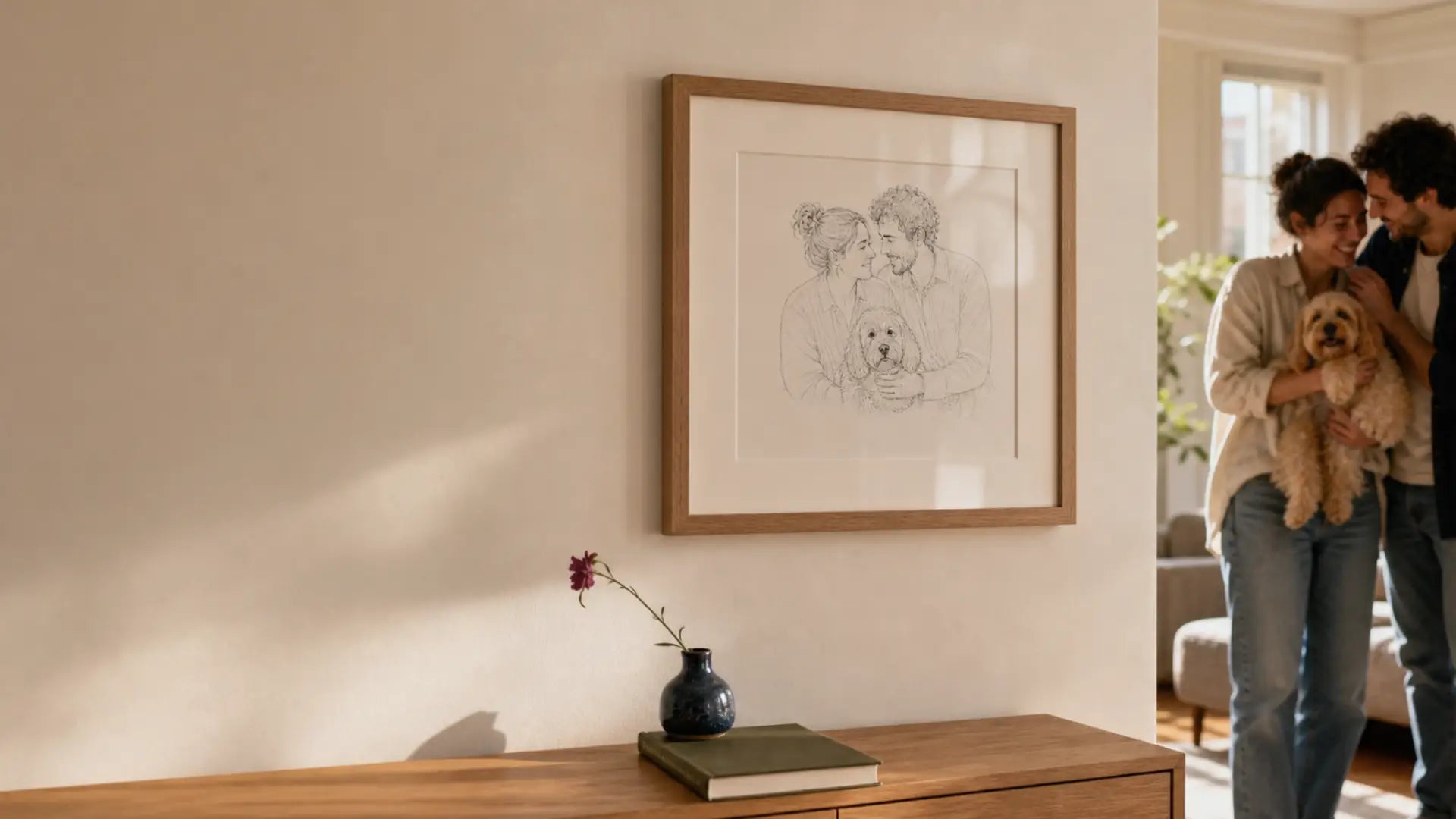 A framed line portrait displayed at home beside the people and dog it celebrates.