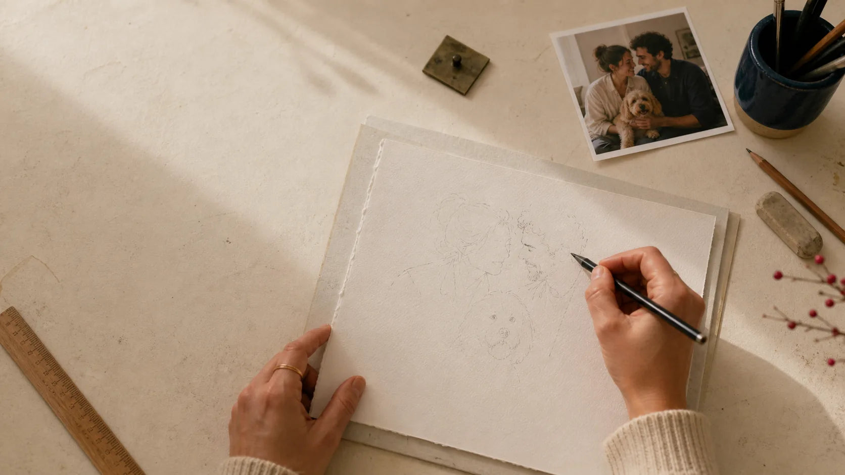 An artist beginning a portrait at a sunlit work table