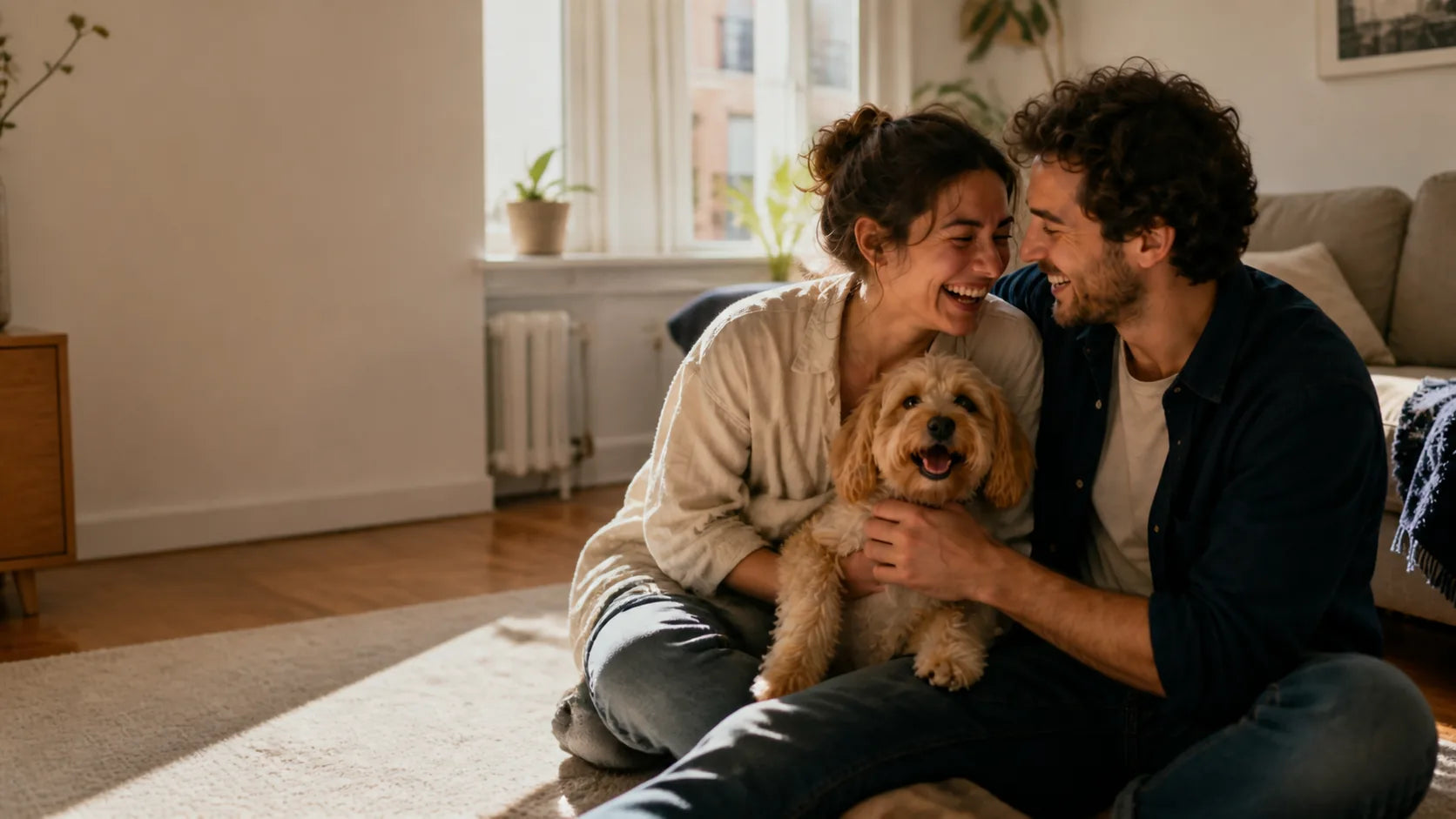 A couple and their dog sharing a favorite moment at home